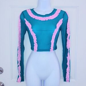 OHS Teal Blue Sheer Crop Top with Pink Lace Ruffles
